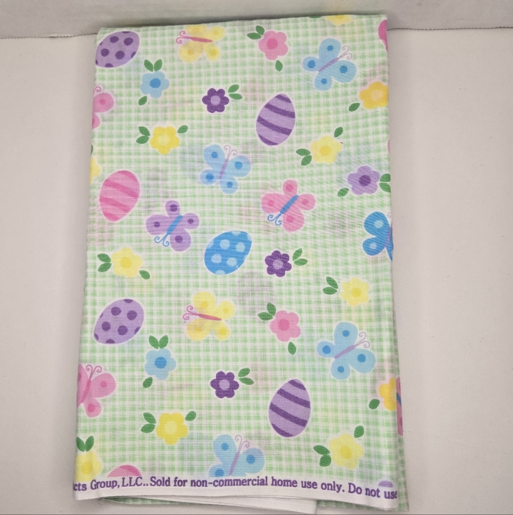 EASTER Gingham Spring Pastel Green Plaid Butterflies Flowers Eggs 42"x36" 1 Yard